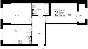 2-к квартира, строящийся дом, 58м2, 9/9 этаж