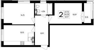 2-к квартира, строящийся дом, 57м2, 7/9 этаж